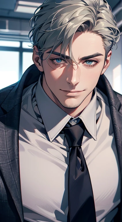 (best quality,4k,8k,highres,masterpiece:1.2),ultra-detailed,(realistic,photorealistic,photo-realistic:1.37),1 man,31 years old,mature man,very handsome,without expression,smile,short grey green hair,blue eyes,penetrating gaze,perfect face without errors,imposing posture,businessman,office background,cinematic lighting,hdr image