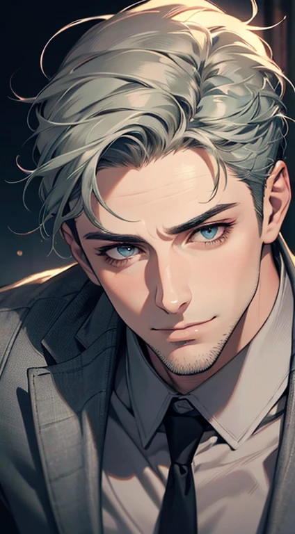 (best quality,4k,8k,highres,masterpiece:1.2),ultra-detailed,(realistic,photorealistic,photo-realistic:1.37),1 man,31 years old,mature man,very handsome,without expression,smile,short grey green hair,blue eyes,penetrating gaze,perfect face without errors,imposing posture,businessman,office background,cinematic lighting,hdr image