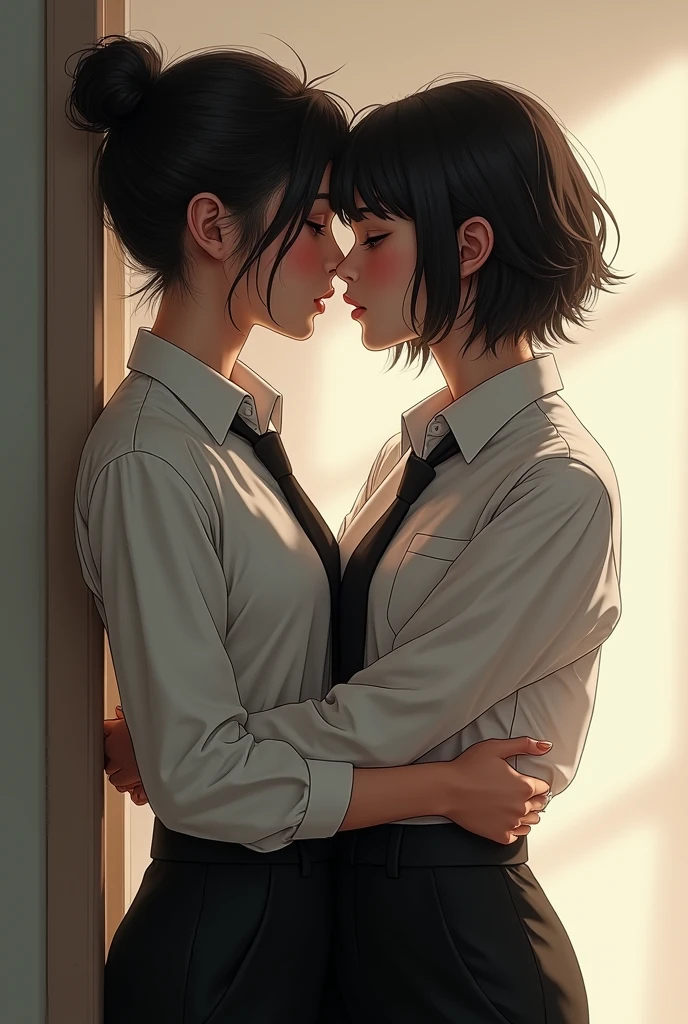 Lesbian girl in men&#39;s clothes kissing a woman.