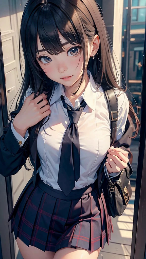 ((clothed:1.5,school uniform:1.5)),(from below:1.2),(Thin type:1.8),(big breasts),(random hairstyle),(Highest image quality,(8k),ultra-realistic,best quality, high quality, high definition, high quality texture,high detail,beautiful detailed,fine detailed,extremely detailed cg,detailed texture,a realistic representation of the face,masterpiece,Sense of presence)