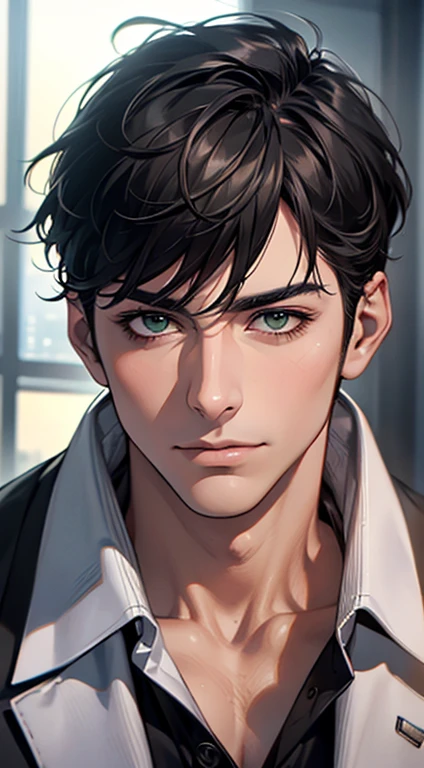 (Highest quality,4K,8K,High resolution,masterpiece:1.2),Super detailed,(Realistic,photoRealistic,photo-Realistic:1.37),1 person,35 years old,Mature Men,Beautiful skin、very handsome,Expressionless,Short gray Black hair,green eyes,Sharp Eyes,A perfect face without a doubt,Businessman, CEO, Office Background,Cinema Lighting,HDR image,tie、