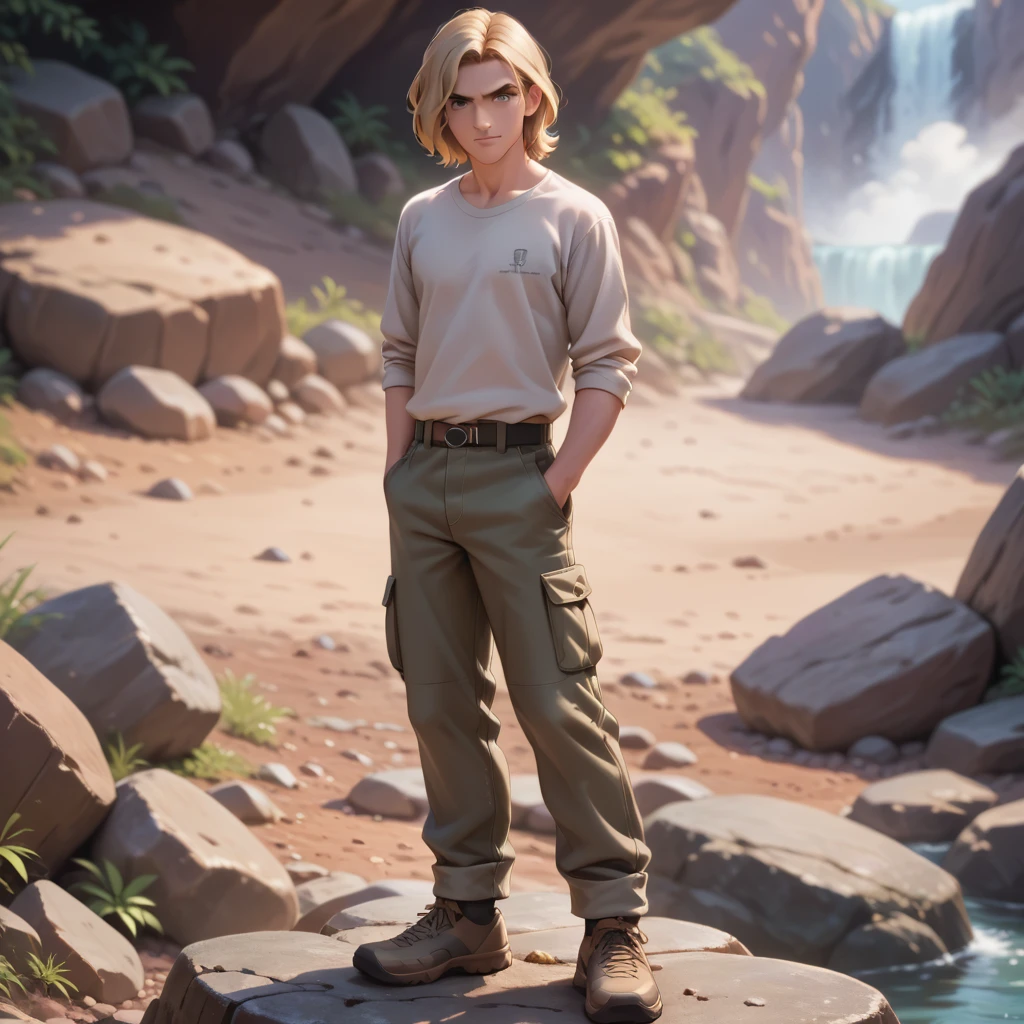 HD realistic, 12 year old boy, medium hair, blonde, straight, cargo pants, standing on a rock, pregnancy, serious, hands behind his back, smile