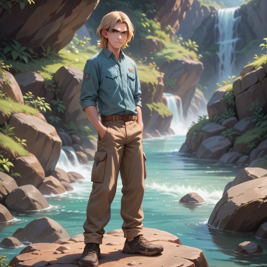 HD realistic,  boy, medium hair, blonde, straight, cargo pants, standing on a rock, pregnancy, serious, hands behind his back, smile