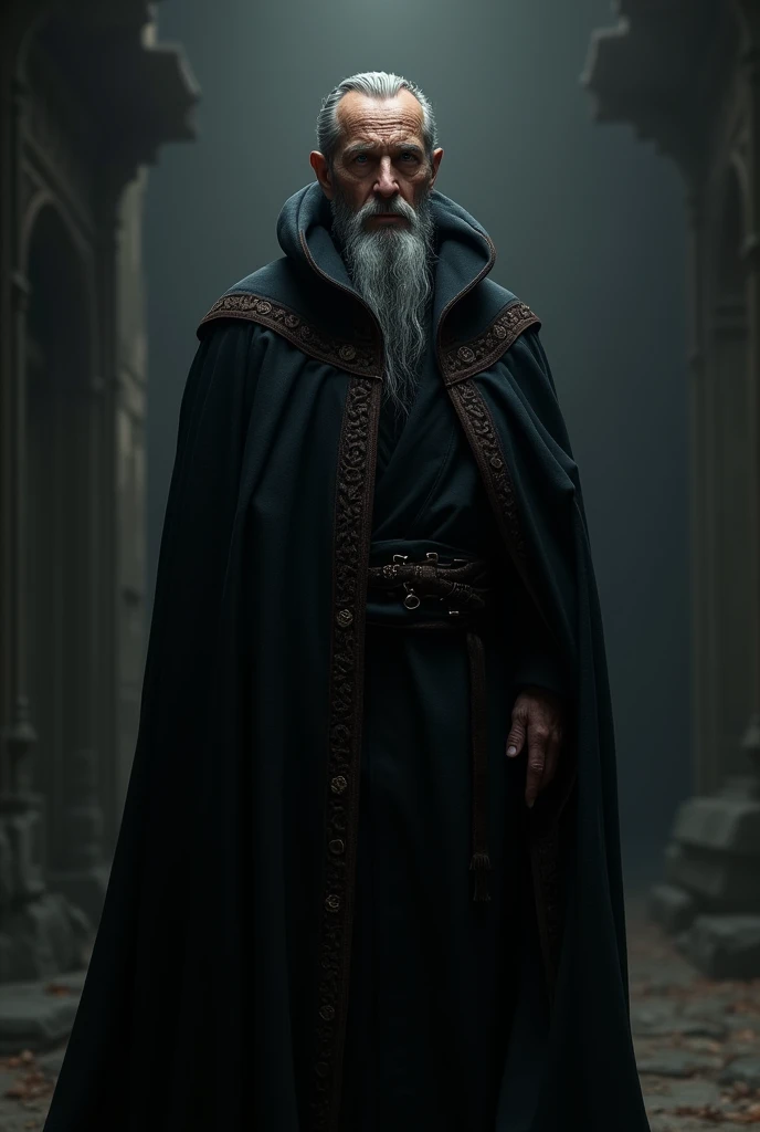 Wizard wearing a black overcoat he is a little hair and has a short black beard
