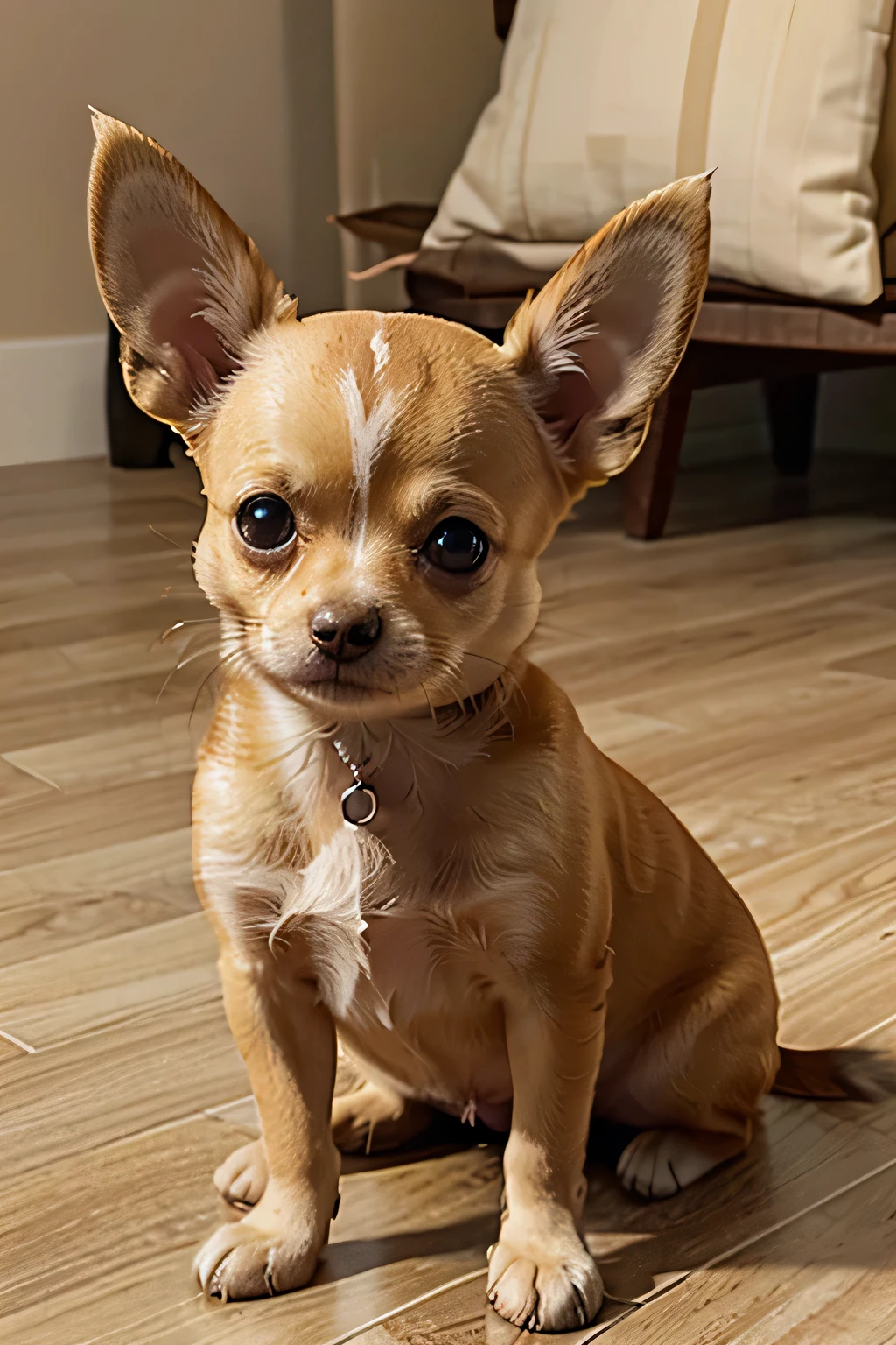 small, cream-colored Chihuahua with large ears and dark eyes lying on a brown furry surface. The Chihuahua has its front left paw extended forward and is looking directly at the viewer with a slight head tilt, giving it an attentive and curious appearance.