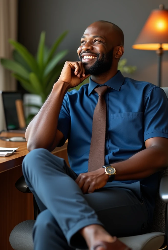 A black man smiling, baldie, blue polo shirt, dark brown tie and pants with elegant sneakers, sitting in a desk chair with one hand on his chin looking to the side