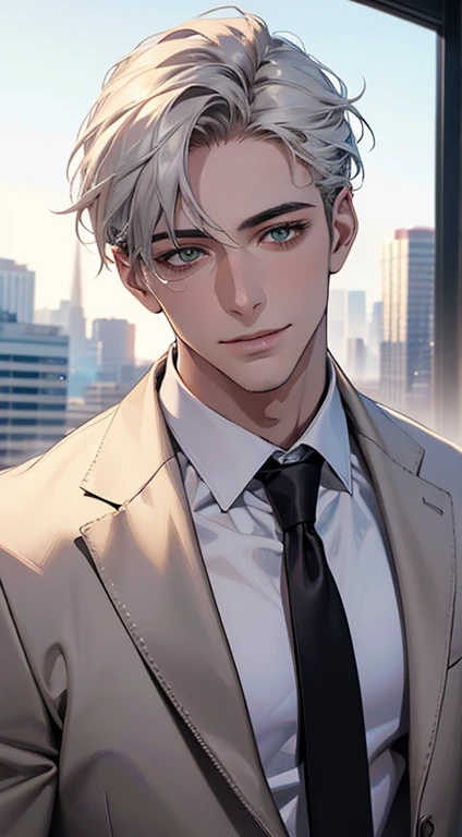 (Highest quality,4K,8K,High resolution,masterpiece:1.2),Super detailed,(Realistic,photoRealistic,photo-Realistic:1.37),1 person,34 years old,Mature Men,Beautiful skin、very handsome,Expressionless smile in love,Short white hair,green eyes,Sharp Eyes,A perfect face without a doubt,Businessman, CEO, Office Background,Cinema Lighting,HDR image,tie、