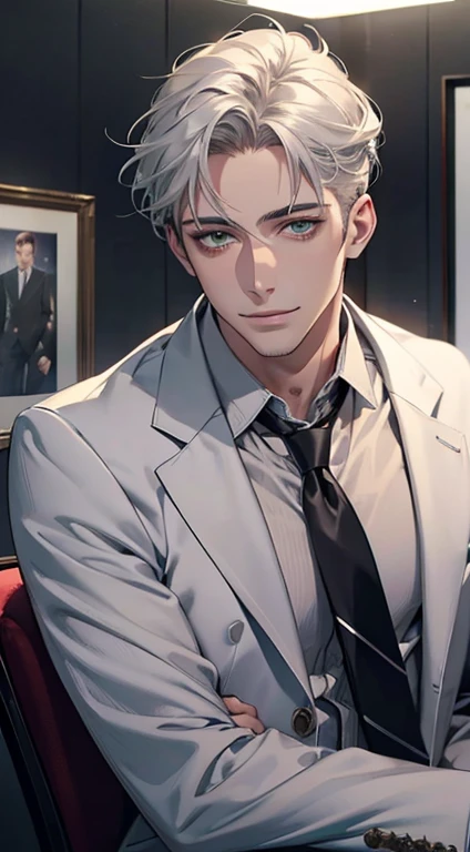 (Highest quality,4K,8K,High resolution,masterpiece:1.2),Super detailed,(Realistic,photoRealistic,photo-Realistic:1.37),1 person,34 years old,Mature Men,Beautiful skin、very handsome,Expressionless smile in love,Short white hair,green eyes,Sharp Eyes,A perfect face without a doubt,Businessman, CEO, Office Background,Cinema Lighting,HDR image,tie、