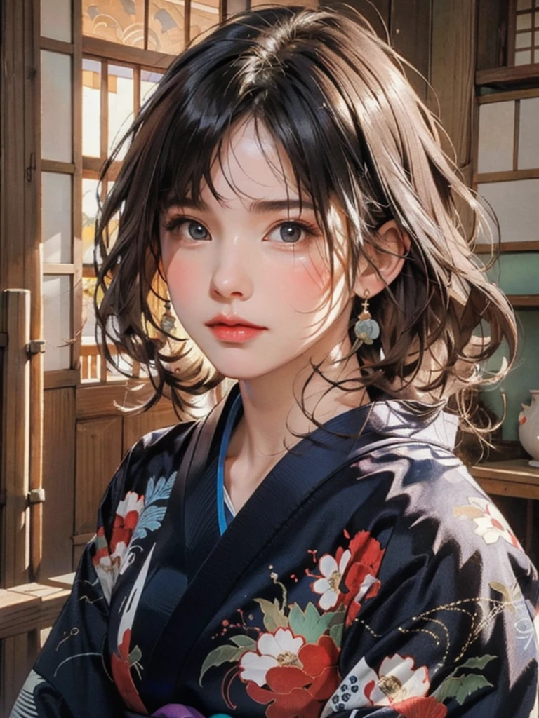 (highest quality、8k、32k、masterpiece)、(masterpiece, up to date,Exceptional:1.2), Anime, One girl,Front hair,black_hair, Beautiful 8k eyes,Looking_in_Audience,One person in,Are standing,((Very beautiful woman, Fuller lips, Japanese pintern kimono))、((Colorful Japanese kimono)))、(((Medium Shot)))、Blunt bung、(High resolution)、Very beautiful face and eyes、1 girl 、Round and small face、Narrow waist、delicine body、(highest quality high detail Rich skin details)、(highest quality、8k、Oil paints:1.2)、Very detailed、(Realistic、Realistic:1.37)、Bright colors、(((blackhair)))、(((longhair)))、(((cowboy pictures)))、((( Inside an old Japanese house)))、(masterpiece, highest quality, highest quality, Official Art, beautifully、aesthetic:1.2), (One girl), Very detailedな,(Fractal Art:1.3),colorful,Most detailed,Sengoku period(High resolution)、Very beautiful face and eyes、1 girl 、Round and small face、Tight waist、Delicine body、(highest quality high detail Rich skin details)、(highest quality、8k、Oil paints:1.2)、(Realistic、Realistic:1.37)、Greg Rutkowski Written by Alphonse Mucha Ropp, sun lips