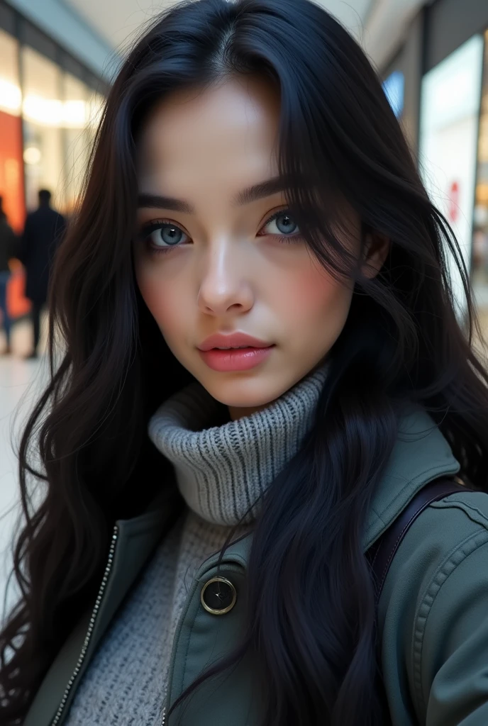 fully arafed woman fully, ultra realistic, meticulously detailed, portrait of Amouranth, long black hair and large blue eyes, natural makeup, looking directly to the camera, subtle makeup, taking selfie in a mall, winter coat, scarf, knitted jumper, medium size bust.