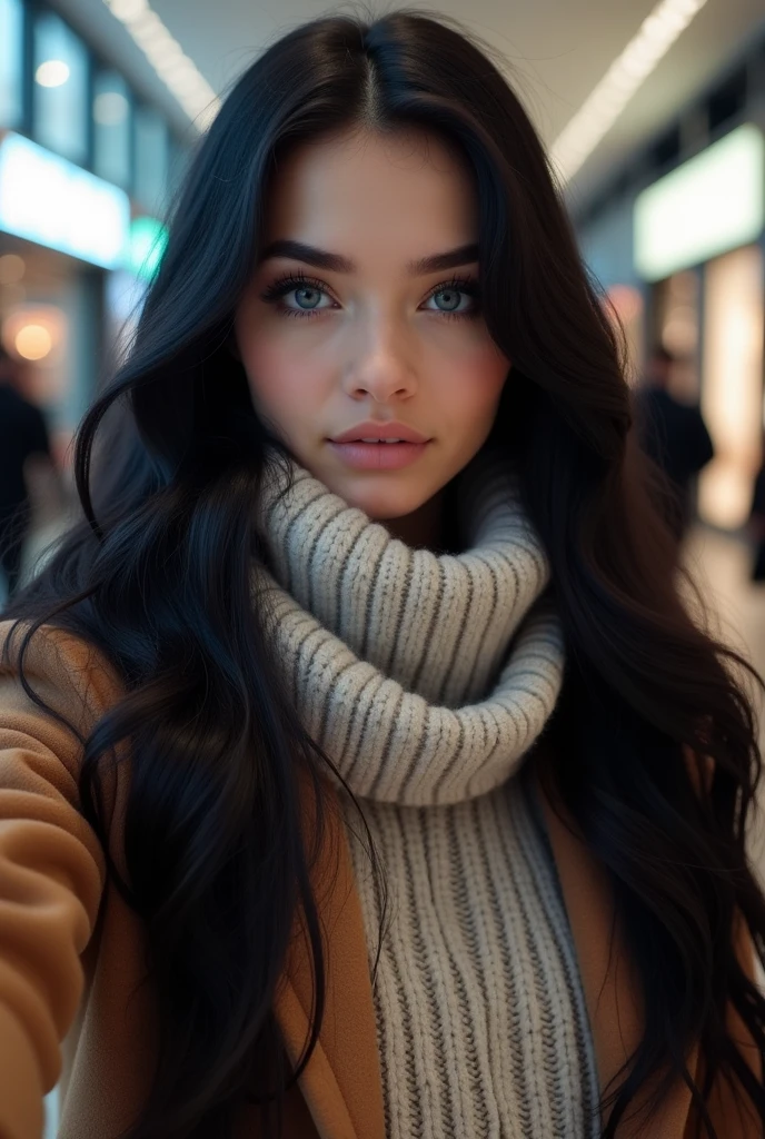 fully arafed woman fully, ultra realistic, meticulously detailed, portrait of Amouranth, long black hair and large blue eyes, natural makeup, looking directly to the camera, subtle makeup, taking selfie in a mall, winter coat, scarf, knitted jumper, medium size bust.