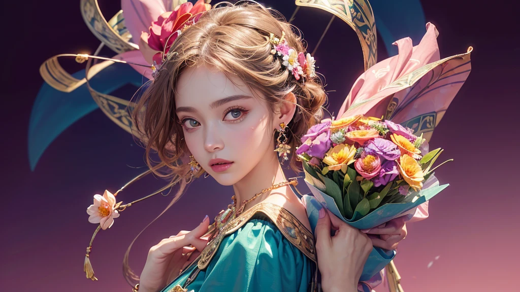 32K, 最高quality, 最高masterpiece, (ultra-Detailed Background, Detailed Background), High resolution, Super detailed, Very detailedな, One girl, (bouquet:1.3), (Tangled:1.2), (Geometric:1.2),(colorful),(masterpiece, quality, best quality, Official Art, Beautiful and beautiful:1.2), (1 girl:1.3), Very detailed,(colorful:1.1)(Flowers:1.3),Most detailed,(Tangled:1.2), whole body, (Abstract background:1.3), (Skin glows), (Many colors:1.4), ,(Earrings Jewelry:1.5), Pink Background,