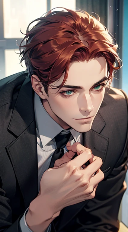 (Highest quality,4K,8K,High resolution,masterpiece:1.2),Super detailed,(Realistic,photoRealistic,photo-Realistic:1.37),1 person,31 years old,Mature Men,Beautiful skin、very handsome,Expressionless smile in love,Short gray red hair,green eyes,Sharp Eyes,A perfect face without a doubt,Businessman,Office Background,Cinema Lighting,HDR image,tie、