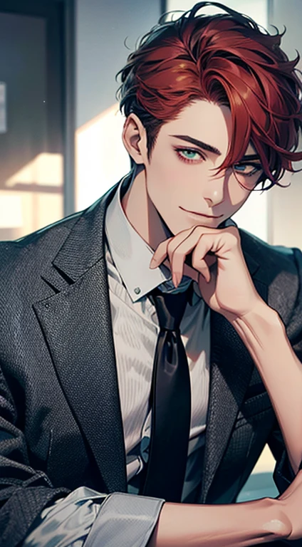 (Highest quality,4K,8K,High resolution,masterpiece:1.2),Super detailed,(Realistic,photoRealistic,photo-Realistic:1.37),1 person,31 years old,Mature Men,Beautiful skin、very handsome,Expressionless smile in love,Short gray red hair,green eyes,Sharp Eyes,A perfect face without a doubt,Businessman,Office Background,Cinema Lighting,HDR image,tie、