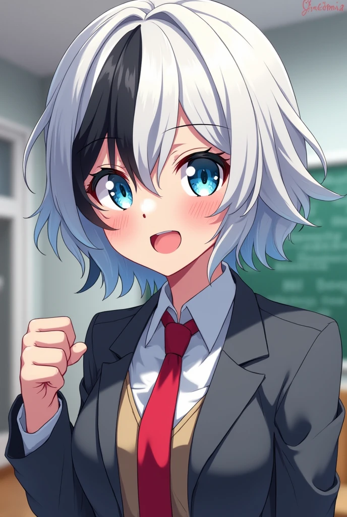 Screenshot my hero academia a girl with short wavy light white hair with black highlights . With blue slanted eyes, wearing her UA school uniform ( gray jacket with red tie) being in a classroom( happy expression )
