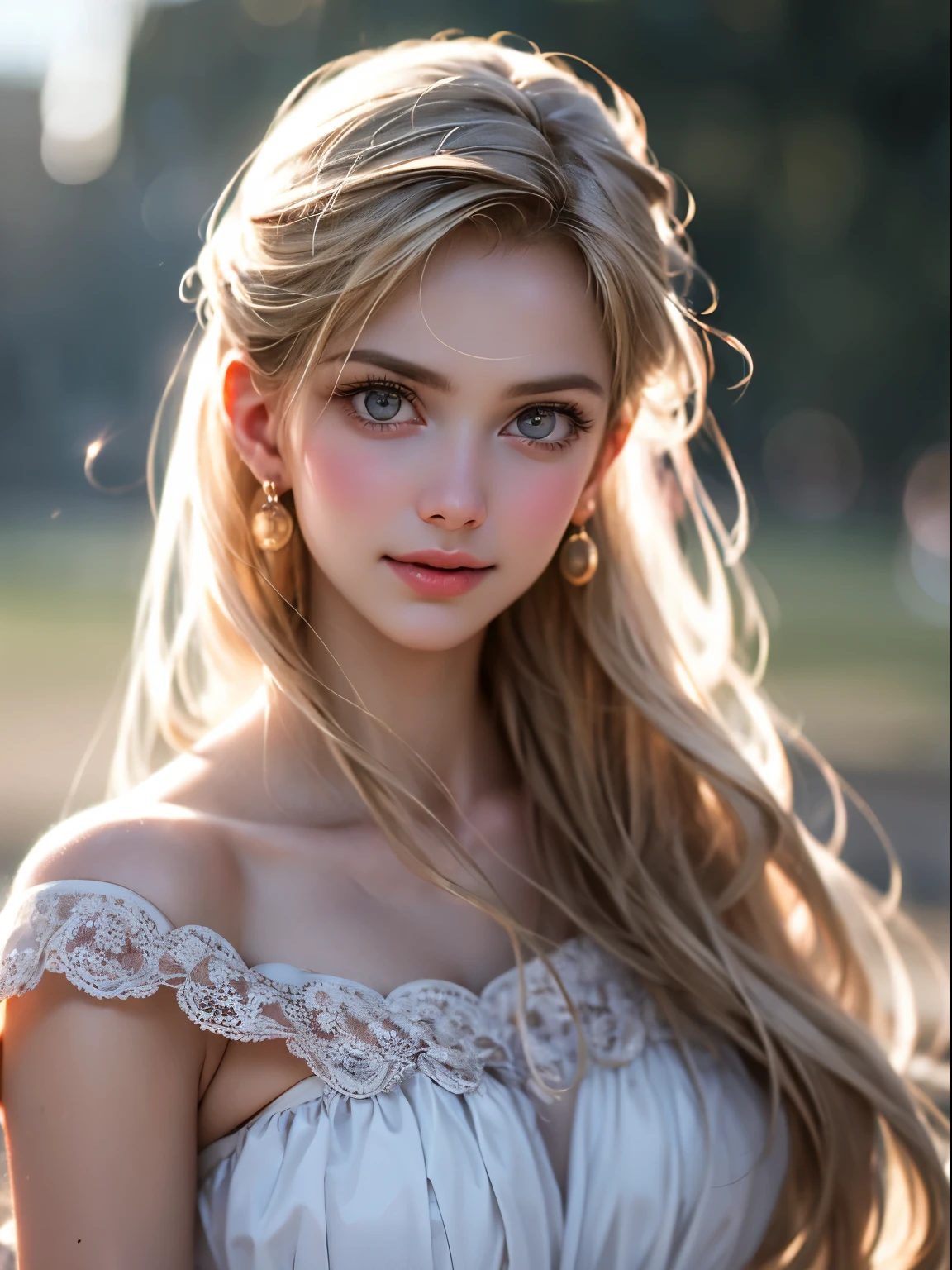 (Highest Quality,4K,8K,High Resolution,Masterpiece:1.2),Super Detail, (Realistic,Photorealistic,Photorealism:1.37),Full Body Portrait,One Girl,Perfect Hourglass Illustration,Exquisite Features,Mysterious Eyes,ColourfuFloral Dress,Bare Shoulders,Blushing,Shy,Blonde Long Hair, Looking at audience, Large breasts, Depth of written border, High definition image, Thin waist, smail,