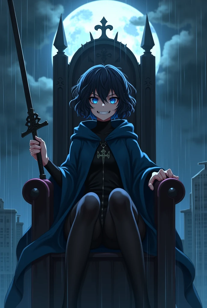 create an image of an anime girl sitting on thronethrone in top of a building, with a sadic and mad expression on her face, short curled hair hiding her ears, blue eyes and an long dark blue akatsuki clothe and a pair of black stockings completely covering your legs, under the heavy rain and a full moon. she has a black long sword 