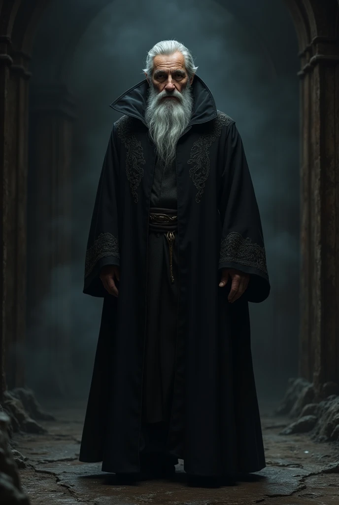 Wizard wearing a black overcoat he is a little hair and has a short black beard
