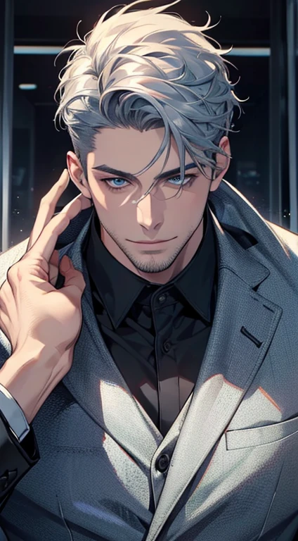 (best quality,4k,8k,highres,masterpiece:1.2),ultra-detailed,(realistic,photorealistic,photo-realistic:1.37),1 man,31 years old,mature man,very handsome,without expression,smile,short grey blue hair,blue eyes,penetrating gaze,perfect face without errors,imposing posture,businessman,office background,cinematic lighting,hdr image