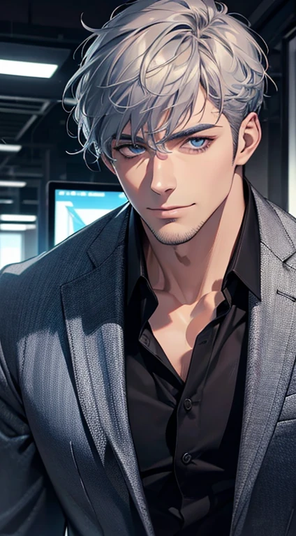 (best quality,4k,8k,highres,masterpiece:1.2),ultra-detailed,(realistic,photorealistic,photo-realistic:1.37),1 man,31 years old,mature man,very handsome,without expression,smile,short grey blue hair,blue eyes,penetrating gaze,perfect face without errors,imposing posture,businessman,office background,cinematic lighting,hdr image