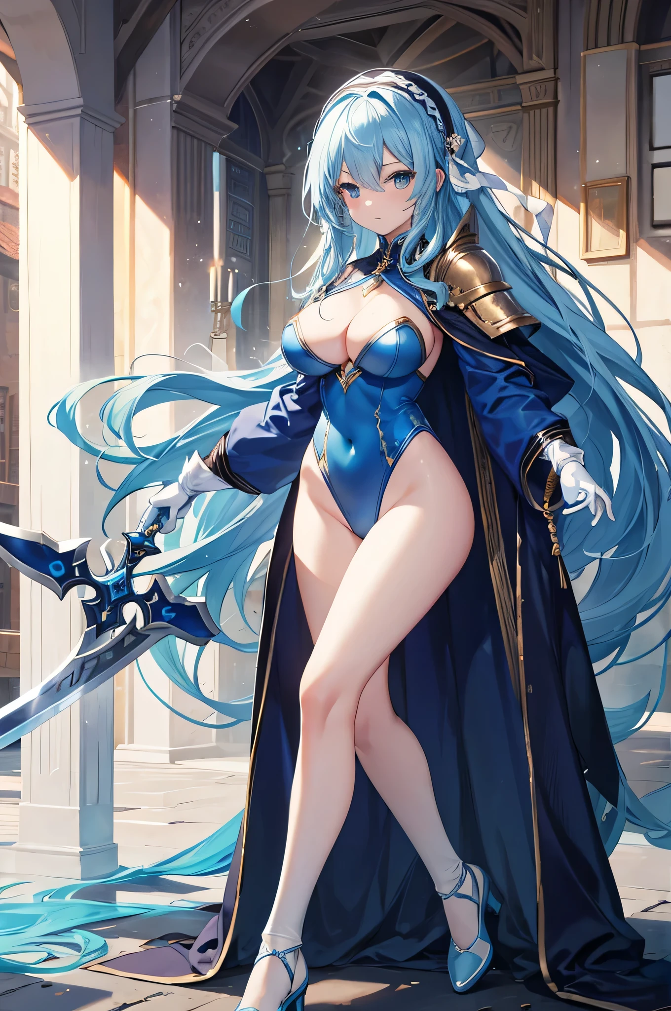 4K,High resolution,One Woman,Blue Hair,long hair,Big Breasts,Swordsman,Blue high leg leotard armor,White gloves,White shoes,hair band,Jewelry decoration,Long sword,Medieval town