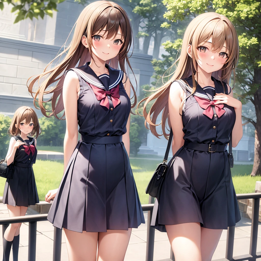 ((best quality)), ((masterpiece)), (detailed), in the park, 1girl, sleeveless sailor school uniform, hands behind back, happy, blushing, side bag.