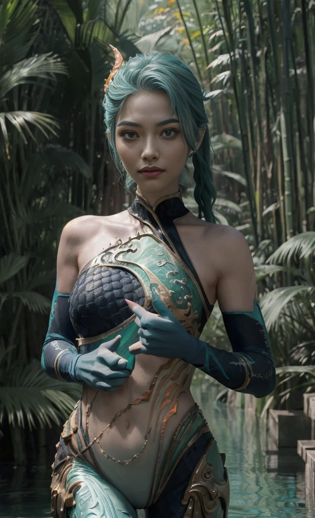 (The tall girl puts her hand in front of her and points to the side), combat pose, BREAK, (Dark background, Bamboo forest), (Slender_thights:1.3), ((big breastes)), Slender_thights, aqua hair, 1girl, solo, (Miniature body:1.4), generous cleavage, Posing, detailed anatomy, the perfect body, Detailed body, detailized face, Beautiful anatomical eyes. BREAK Kaisa Dragon Lagoon,  The BREAK is very detailed, Intricately detailed art, Artstation's Detailed Triadic Color Trend in Unreal Engine 5, 8K resolution, deviantart masterpiece.