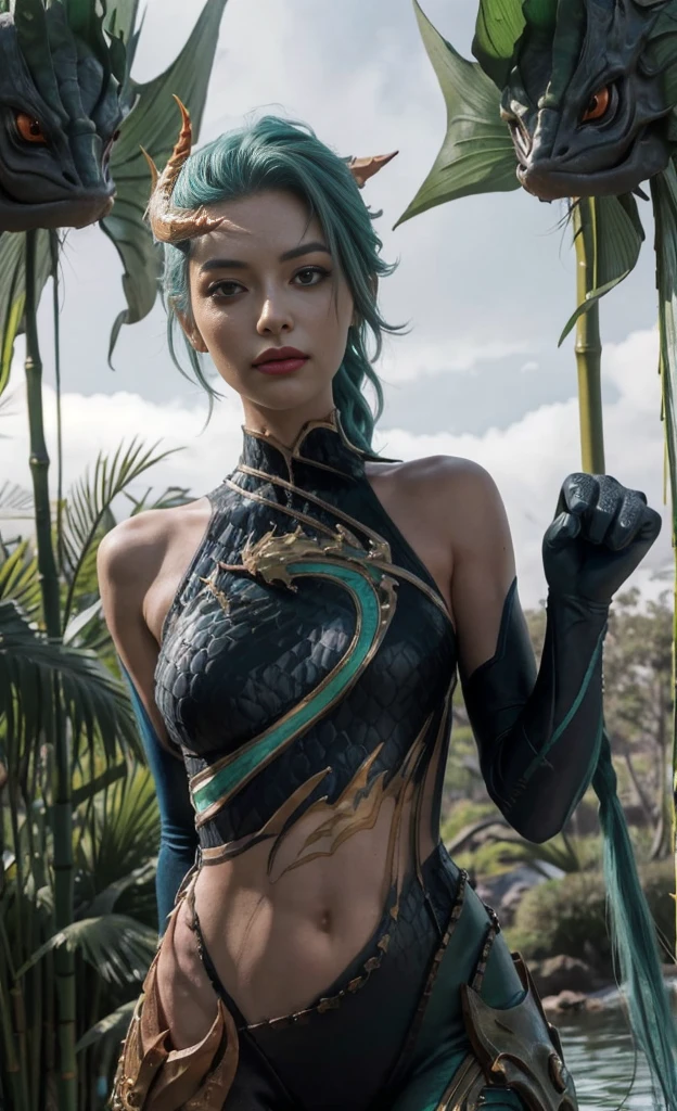 (The tall girl puts her hand in front of her and points to the side), combat pose, BREAK, (Dark background, Bamboo forest), (Slender_thights:1.3), ((big breastes)), Slender_thights, aqua hair, 1girl, solo, (Miniature body:1.4), generous cleavage, Posing, detailed anatomy, the perfect body, Detailed body, detailized face, Beautiful anatomical eyes. BREAK Kaisa Dragon Lagoon, The BREAK is very detailed, Intricately detailed art, Artstation's Detailed Triadic Color Trend in Unreal Engine 5, 8K resolution, deviantart masterpiece.
