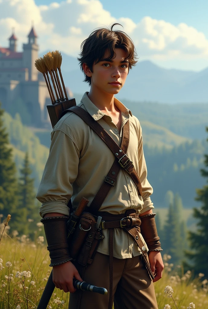 A 16 year old male peasant hero in a full body RPG with a sword and a bow and arrow on his back