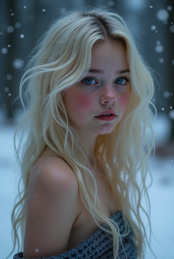 a cute girl, intense light blonde hairintense light blonde, pale skin, freckless, blush, (topless:1.1), innocent, ((night)), snowfall, nsfw, blurry background