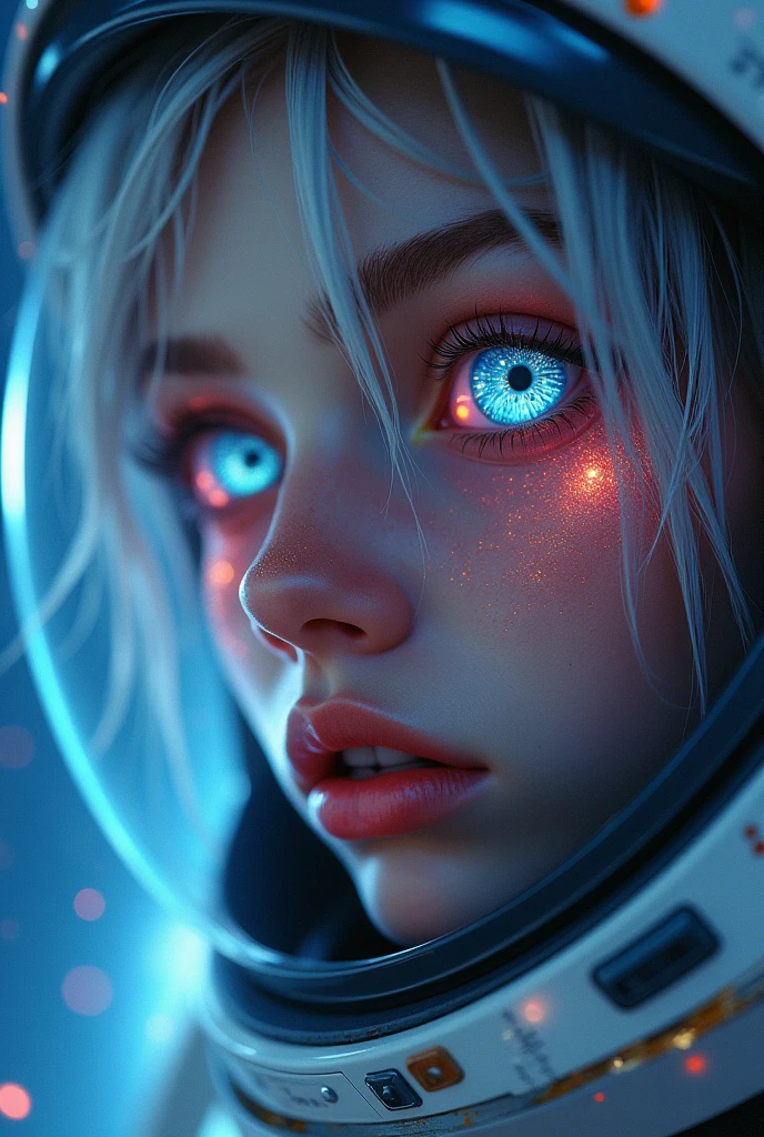 (Close-up of a better masterpiece:1.5)0.9], (Space and astronauts:1.2) (Messy silver hair:1.1) (Heterochromia xanthochromia and blue eyes:1.2) (Space Helmet:1.0) (Colored stars in the eyes:1.0) (A radiant glow:1.1) (thick lips:0.9)
