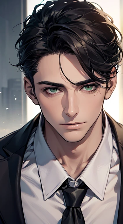 (Highest quality,4K,8K,High resolution,masterpiece:1.2),Super detailed,(Realistic,photoRealistic,photo-Realistic:1.37),1 person,35 years old,Mature Men,Beautiful skin、very handsome,Expressionless,Short gray Black hair,green eyes,Sharp Eyes,A perfect face without a doubt,Businessman, CEO, Office Background,Cinema Lighting,HDR image,tie、