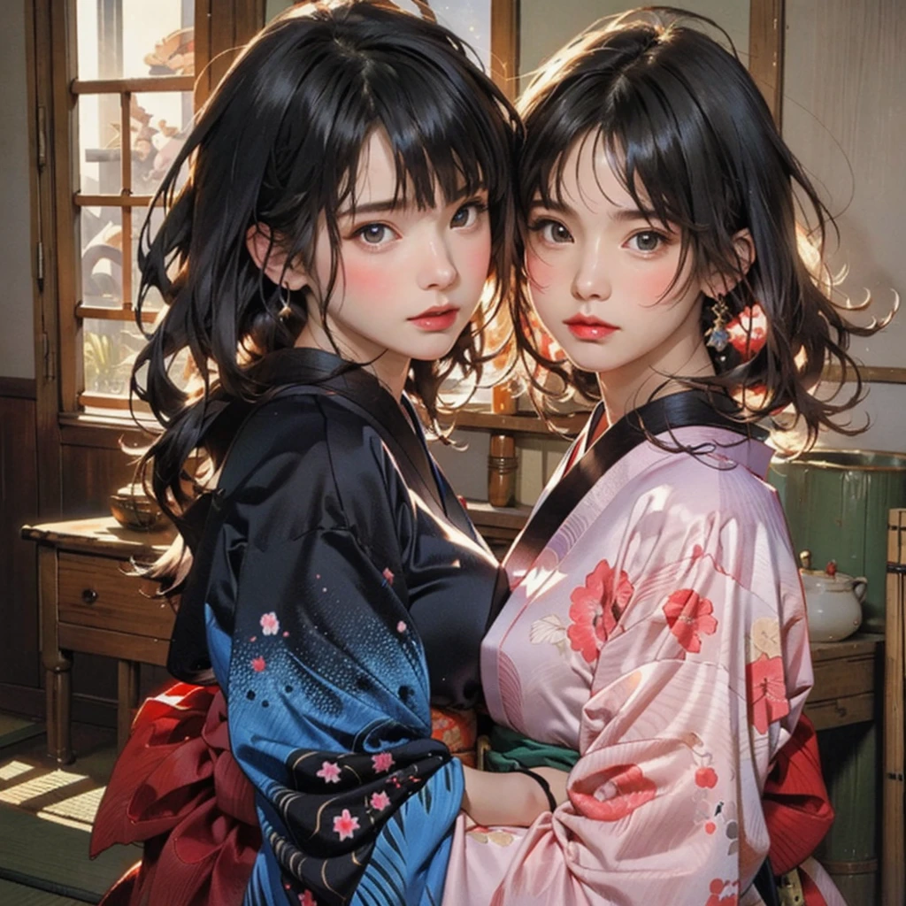 (highest quality、8k、32k、masterpiece)、(masterpiece, up to date,Exceptional:1.2), Anime, One girl,Front hair,black_hair, Beautiful 8k eyes,Looking_in_Audience,One person in,Are standing,((Very beautiful woman, Fuller lips, Japanese pintern kimono))、((Colorful Japanese kimono)))、(((Medium Shot)))、Blunt bung、(High resolution)、Very beautiful face and eyes、1 girl 、Round and small face、Narrow waist、delicine body、(highest quality high detail Rich skin details)、(highest quality、8k、Oil paints:1.2)、Very detailed、(Realistic、Realistic:1.37)、Bright colors、(((blackhair)))、(((longhair)))、(((cowboy pictures)))、((( Inside an old Japanese house)))、(masterpiece, highest quality, highest quality, Official Art, beautifully、aesthetic:1.2), (One girl), Very detailedな,(Fractal Art:1.3),colorful,Most detailed,Sengoku period(High resolution)、Very beautiful face and eyes、1 girl 、Round and small face、Tight waist、Delicine body、(highest quality high detail Rich skin details)、(highest quality、8k、Oil paints:1.2)、(Realistic、Realistic:1.37)、Greg Rutkowski Written by Alphonse Mucha Ropp, sun lips