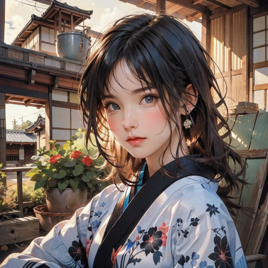 (highest quality、8k、32k、masterpiece)、(masterpiece, up to date,Exceptional:1.2), Anime, One girl,Front hair,black_hair, Beautiful 8k eyes,Looking_in_Audience,One person in,Are standing,((Very beautiful woman, Fuller lips, Japanese pintern kimono))、((Colorful Japanese kimono)))、(((Medium Shot)))、Blunt bung、(High resolution)、Very beautiful face and eyes、1 girl 、Round and small face、Narrow waist、delicine body、(highest quality high detail Rich skin details)、(highest quality、8k、Oil paints:1.2)、Very detailed、(Realistic、Realistic:1.37)、Bright colors、(((blackhair)))、(((longhair)))、(((cowboy pictures)))、((( Inside an old Japanese house)))、(masterpiece, highest quality, highest quality, Official Art, beautifully、aesthetic:1.2), (One girl), Very detailedな,(Fractal Art:1.3),colorful,Most detailed,Sengoku period(High resolution)、Very beautiful face and eyes、1 girl 、Round and small face、Tight waist、Delicine body、(highest quality high detail Rich skin details)、(highest quality、8k、Oil paints:1.2)、(Realistic、Realistic:1.37)、Greg Rutkowski Written by Alphonse Mucha Ropp, sun lips