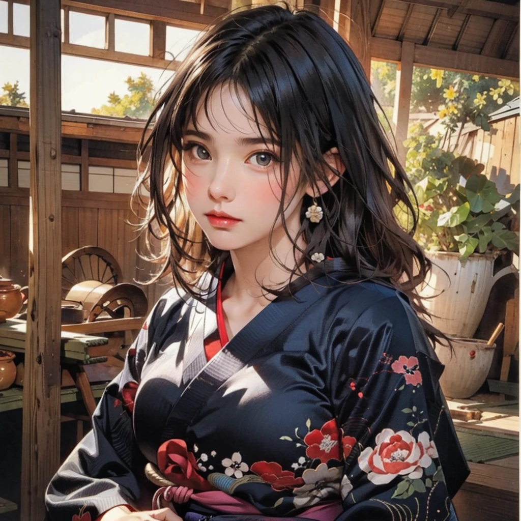 (highest quality、8k、32k、masterpiece)、(masterpiece, up to date,Exceptional:1.2), Anime, One girl,Front hair,black_hair, Beautiful 8k eyes,Looking_in_Audience,One person in,Are standing,((Very beautiful woman, Fuller lips, Japanese pintern kimono))、((Colorful Japanese kimono)))、(((Medium Shot)))、Blunt bung、(High resolution)、Very beautiful face and eyes、1 girl 、Round and small face、Narrow waist、delicine body、(highest quality high detail Rich skin details)、(highest quality、8k、Oil paints:1.2)、Very detailed、(Realistic、Realistic:1.37)、Bright colors、(((blackhair)))、(((longhair)))、(((cowboy pictures)))、((( Inside an old Japanese house)))、(masterpiece, highest quality, highest quality, Official Art, beautifully、aesthetic:1.2), (One girl), Very detailedな,(Fractal Art:1.3),colorful,Most detailed,Sengoku period(High resolution)、Very beautiful face and eyes、1 girl 、Round and small face、Tight waist、Delicine body、(highest quality high detail Rich skin details)、(highest quality、8k、Oil paints:1.2)、(Realistic、Realistic:1.37)、Greg Rutkowski Written by Alphonse Mucha Ropp, sun lips