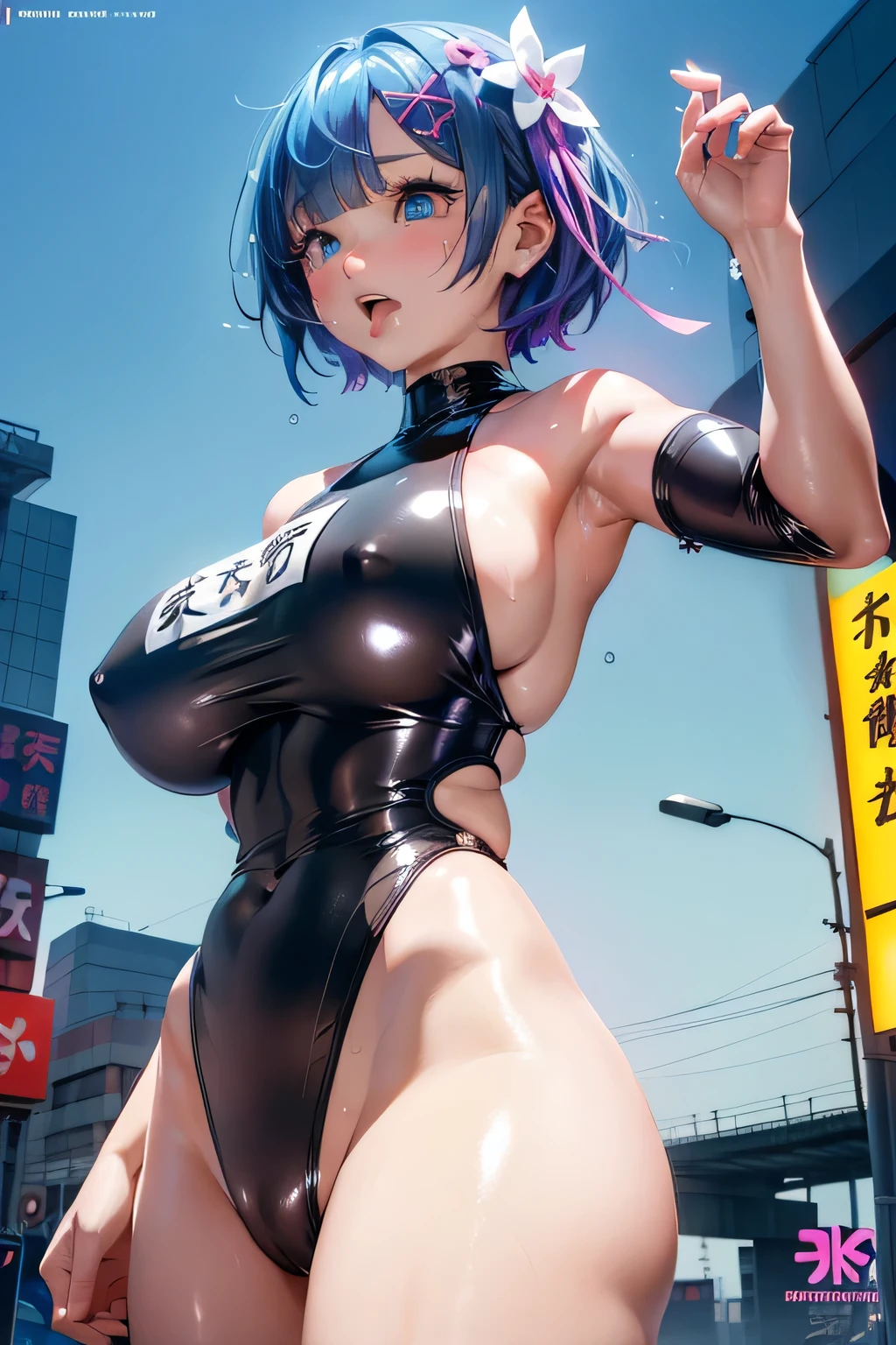 short hair, x Hair accessories, Hair Ribbon,Hair on one eye,(Colorful magazine cover:1.2),((From below:1.2))、(Showing off your crotch)、((Beautiful neon cyberpunk Tokyo))Striking a sexy pose、One cute girl, Highest quality、超High resolution、High resolution、Highly detailed CG、8K Unit Wallpaper、************、Beautiful attention to detail,( Huge boobs),Biomechanical Boobs,Braid、(((Lined competitive swimsuit、High Neck Competition Swimwear、Big Logo)))、No sleeve、(Wet body:1.4)、(Shiny body,:1.6)、 blush, Sweat,Embarrassed、(Ahegao:1.5)、(Sticking out tongue and drooling)、red blush、Shy、