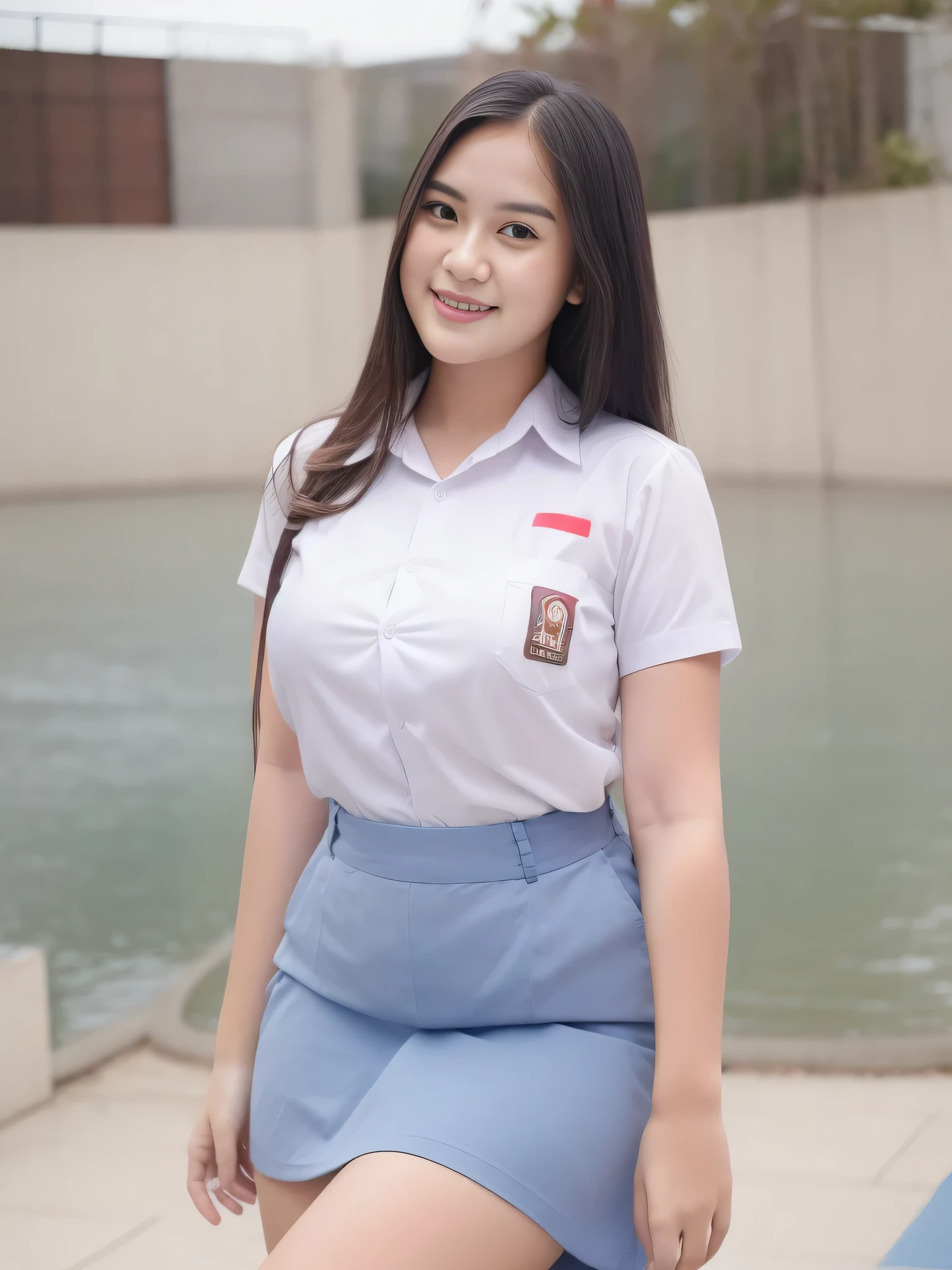 1girl, solo, 19 years old, (uniform), detailed Metropolitan city at the background, portrait, thick breasts, semi-curvy body, smooth realistic skin, cute smile, white shirt, grey blue short skirt, looking at the audience, high angle shot,(8k, RAW photo, best quality, masterpiece: 1.3), (realistic, realistic: 1.37), ultra-high resolution, cowboy shot