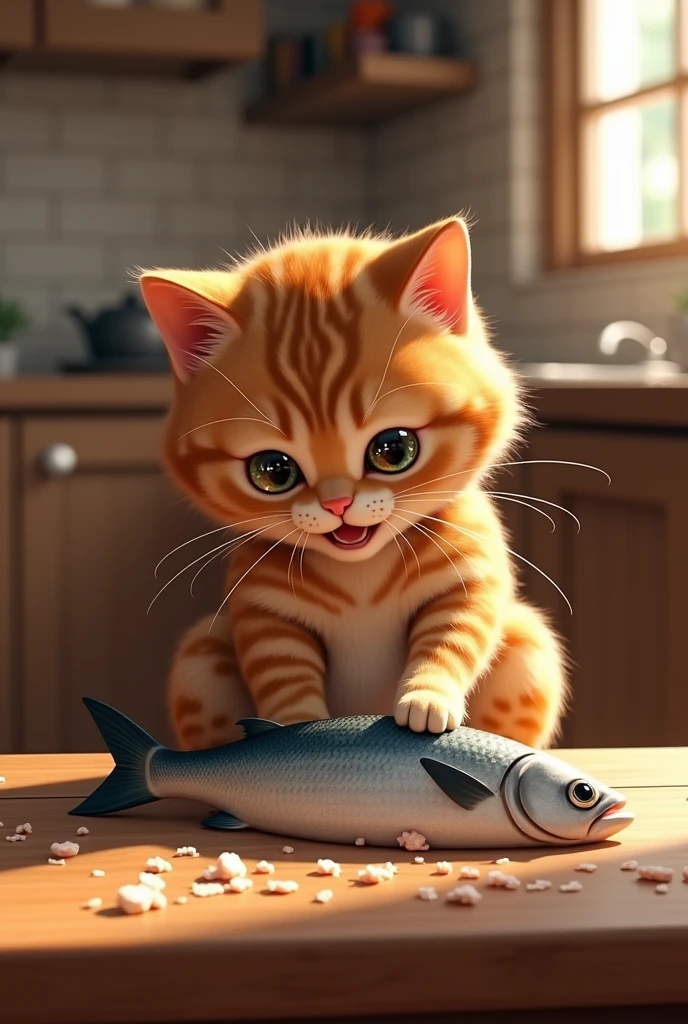 A cat on the table eating fish