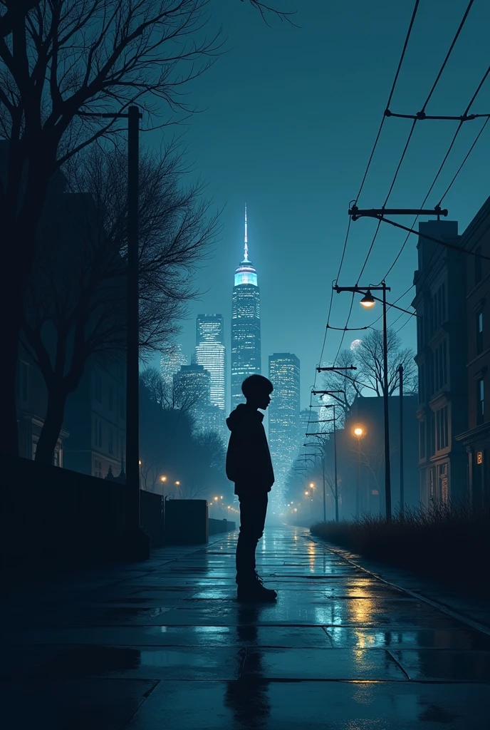 Create some cover options for a song titled "Lost lights" But an illuminated city appears in the background and far away from the city a dimly lit sidewalk and a sad boy appear