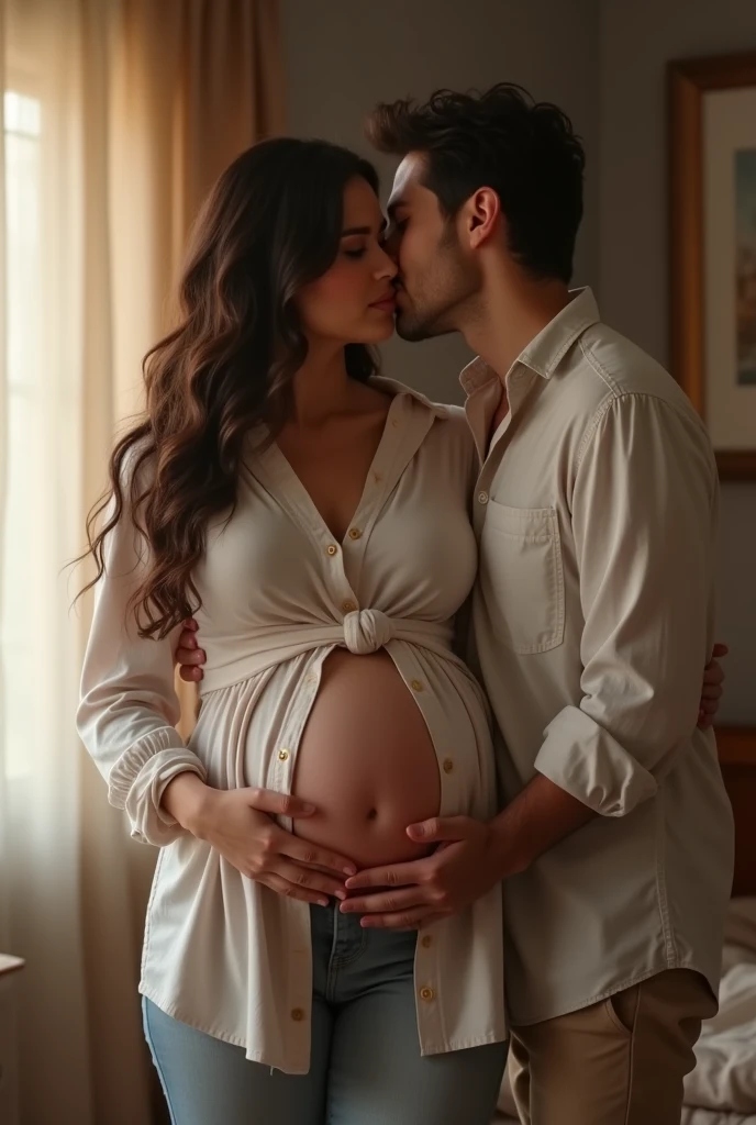 Beautifull Pregnant woman with button shirt very big belly, giving a kiss each other