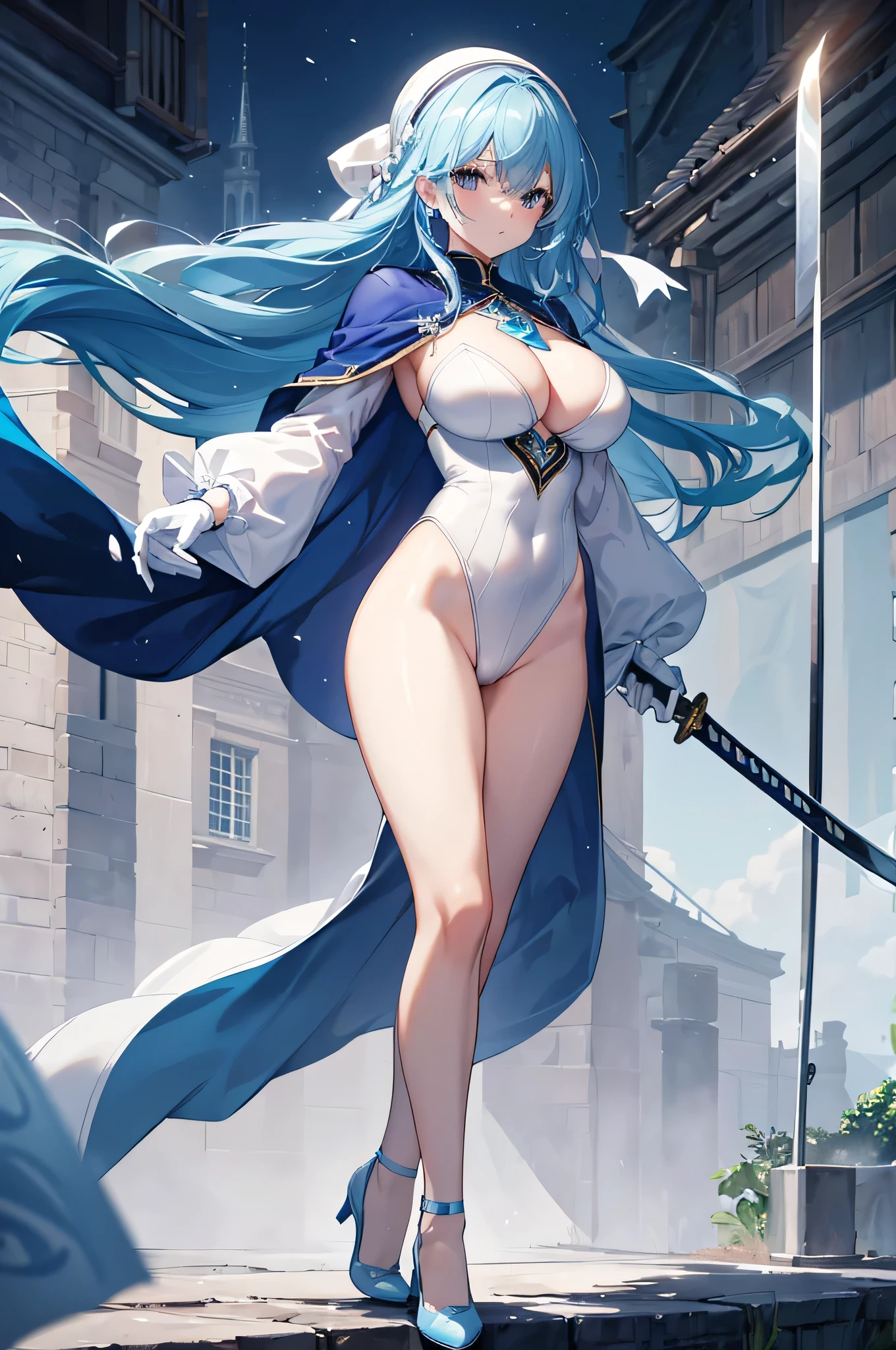 4K,High resolution,One Woman,Blue Hair,long hair,Big Breasts,Swordsman,White high leg leotard,White gloves,White shoes,hair band,Jewelry decoration,Long sword,Medieval town