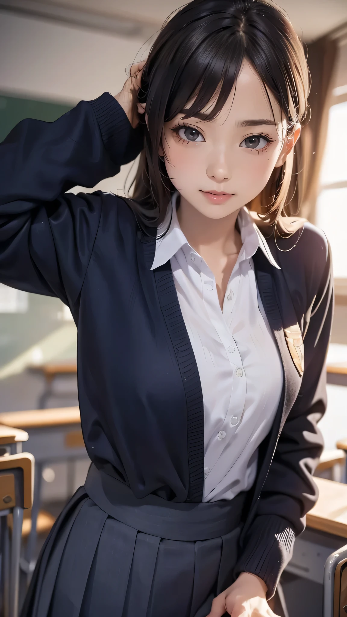 ((clothed:1.5,school uniform:1.5)),(from below:1.2),(Thin type:1.8),(big breasts),(random hairstyle),(Highest image quality,(8k),ultra-realistic,best quality, high quality, high definition, high quality texture,high detail,beautiful detailed,fine detailed,extremely detailed cg,detailed texture,a realistic representation of the face,masterpiece,Sense of presence)