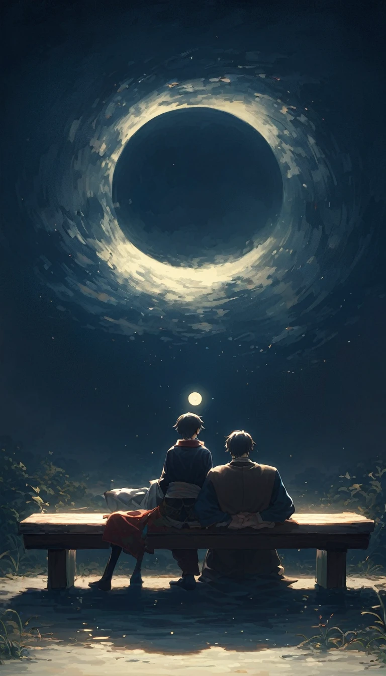 (((ベンチに座る一人の男と一人の女のBack view:1.5)))、Highest quality、masterpiece、Takuboku Ishikawa、I hate the moon、Meiji period of Japan、Wabi-sabi art、Beautiful landscape painting、night、Night Time、(((nightの公園のTwo people sitting on a benchの男女:1.2、Two people sitting on a bench)))、(((Back viewの男女、Two people standing close together)))、Back view、美しいBack view、Back view、dark、full moonのnight、full moon、nightのベンチ、Meiji era costumes、Taisho Romance、Back viewの二人、Long Shot、Full body angle、dark照明、moonlight、