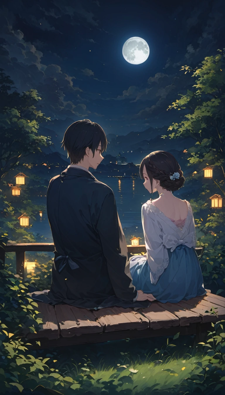 (((ベンチに座る一人の男と一人の女のBack view:1.5)))、Highest quality、masterpiece、Takuboku Ishikawa、I hate the moon、Meiji period of Japan、Wabi-sabi art、Beautiful landscape painting、night、Night Time、(((nightの公園のTwo people sitting on a benchの男女:1.2、Two people sitting on a bench)))、(((Back viewの男女、Two people standing close together)))、Back view、美しいBack view、Back view、dark、full moonのnight、full moon、nightのベンチ、Meiji era costumes、Taisho Romance、Back viewの二人、Long Shot、Full body angle、dark照明、moonlight、