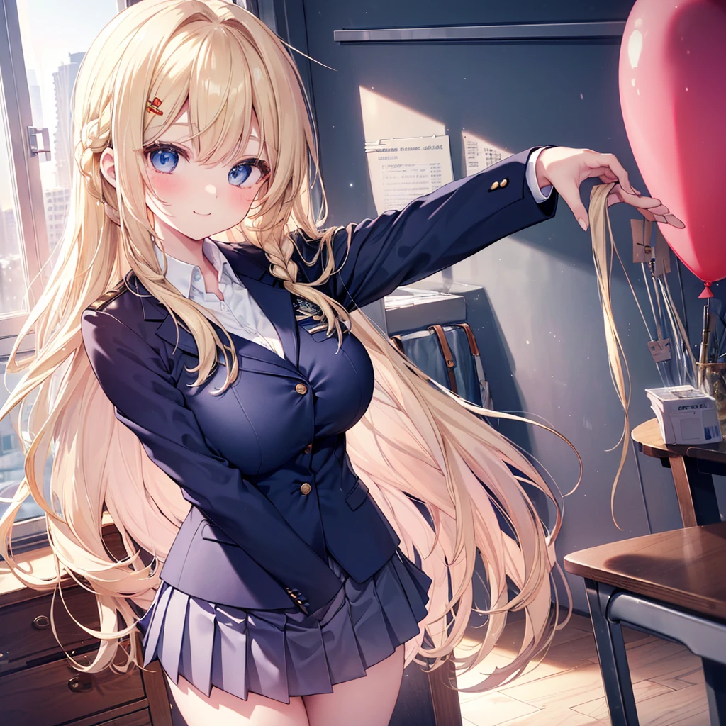 Masterpiece,Best Quality,(Super Detail),perfect writing, Highly detailed CG,Super detailed,(Highly detailed eyes,Very cute face,Highly detailed face:1.3),Beautiful Anime Girl,(Solo Girl),(Super huge boobs:1.1),(Sensual,Glamorous:1.4),(Blonde,super super long Hair that goes into her vagina,Twin braids),(balloon belly), (Big light blue eyes),(Very happy smile,Open your mouth wide),break,(Navy Blue Blazer,Open outerwear:1.3),Collared shirt,White shirt,Pleated skirt,School classroom,Cowboy Shot,Place your hands on your chest,