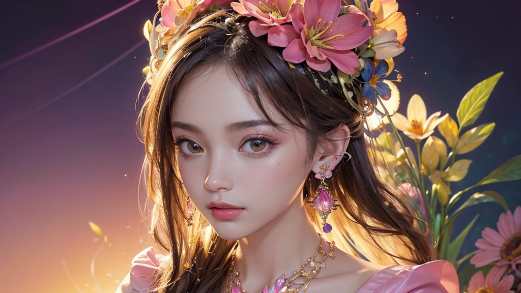 32K, 最高quality, 最高masterpiece, (ultra-Detailed Background, Detailed Background), High resolution, Super detailed, Very detailedな, One girl, (bouquet:1.3), (Tangled:1.2), (Geometric:1.2),(colorful),(masterpiece, quality, best quality, Official Art, Beautiful and beautiful:1.2), (1 girl:1.3), Very detailed,(colorful:1.1)(Flowers:1.3),Most detailed,(Tangled:1.2), whole body, (Abstract background:1.3), (Skin glows), (Many colors:1.4), ,(Earrings Jewelry:1.5), Pink Background,