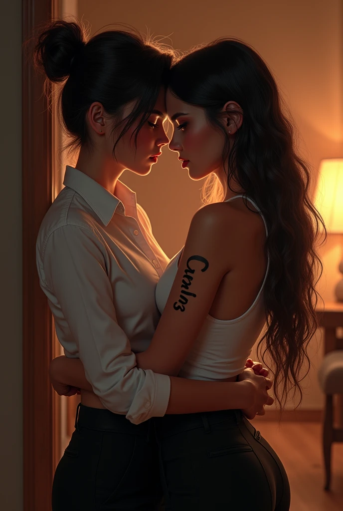 Lesbian girl in men&#39;s clothes kissing a woman. With a tattoo of Carolina&#39;s name