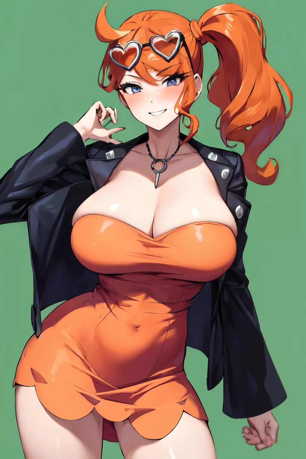 ((masterpiece,best quality)), absurdres, sonia, side ponytail, heart hair ornament, eyewear on head, orange hair, pink dress, jewelry, black jacket, open clothes, medium sleeves,  solo, smiling, blush, looking at viewer, cowboy shot,  cinematic composition,  contrapposto, huge breasts, microdress, strapless dress, skindentation, undersized dress, tight dress, orange pantie