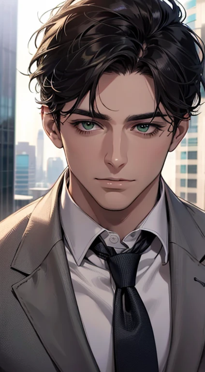 (Highest quality,4K,8K,High resolution,masterpiece:1.2),Super detailed,(Realistic,photoRealistic,photo-Realistic:1.37),1 person,35 years old,Mature Men,Beautiful skin、very handsome,Expressionless,Short gray Black hair,green eyes,Sharp Eyes,A perfect face without a doubt,Businessman, CEO, Office Background,Cinema Lighting,HDR image,tie、