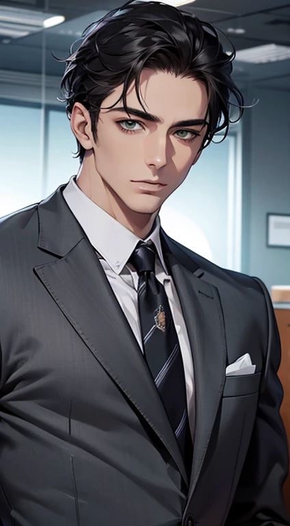 (Highest quality,4K,8K,High resolution,masterpiece:1.2),Super detailed,(Realistic,photoRealistic,photo-Realistic:1.37),1 person,35 years old,Mature Men,Beautiful skin、very handsome,Expressionless,Short gray Black hair,green eyes,Sharp Eyes,A perfect face without a doubt,Businessman, CEO, Office Background,Cinema Lighting,HDR image,tie、